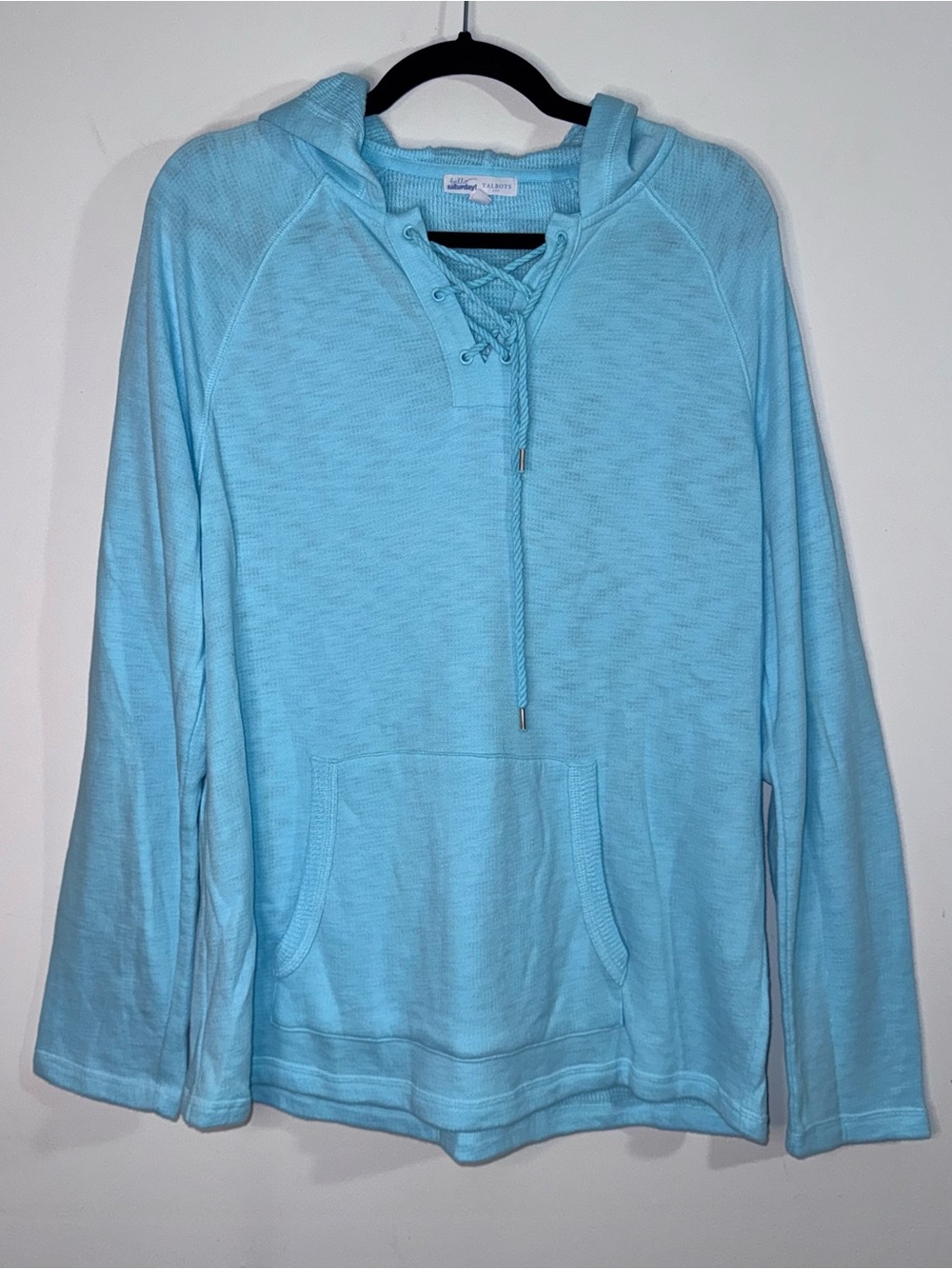 Talbots Saturday Women’s L Aqua Blue Lace-Up Hoodie Coastal Preppy Pullover